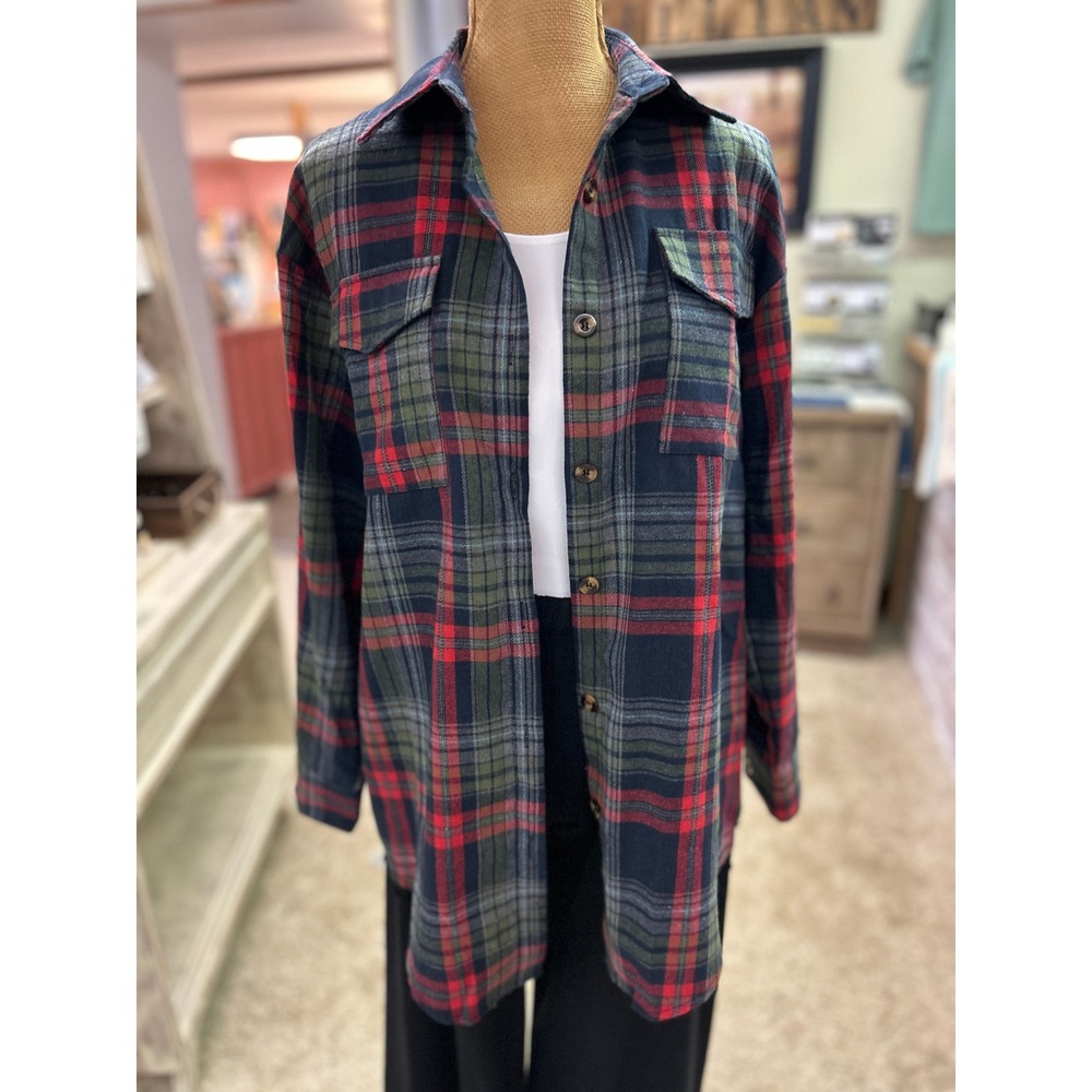 Unbranded Plaid Flannel Button Down Shirt Red Green Navy Shacket Long Sleeve S
